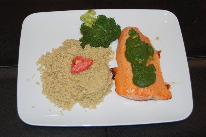 larger portion of salmon with quinoa