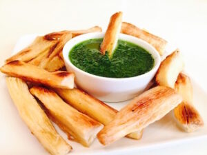 yuca fries with cilantro chimichurri sauce