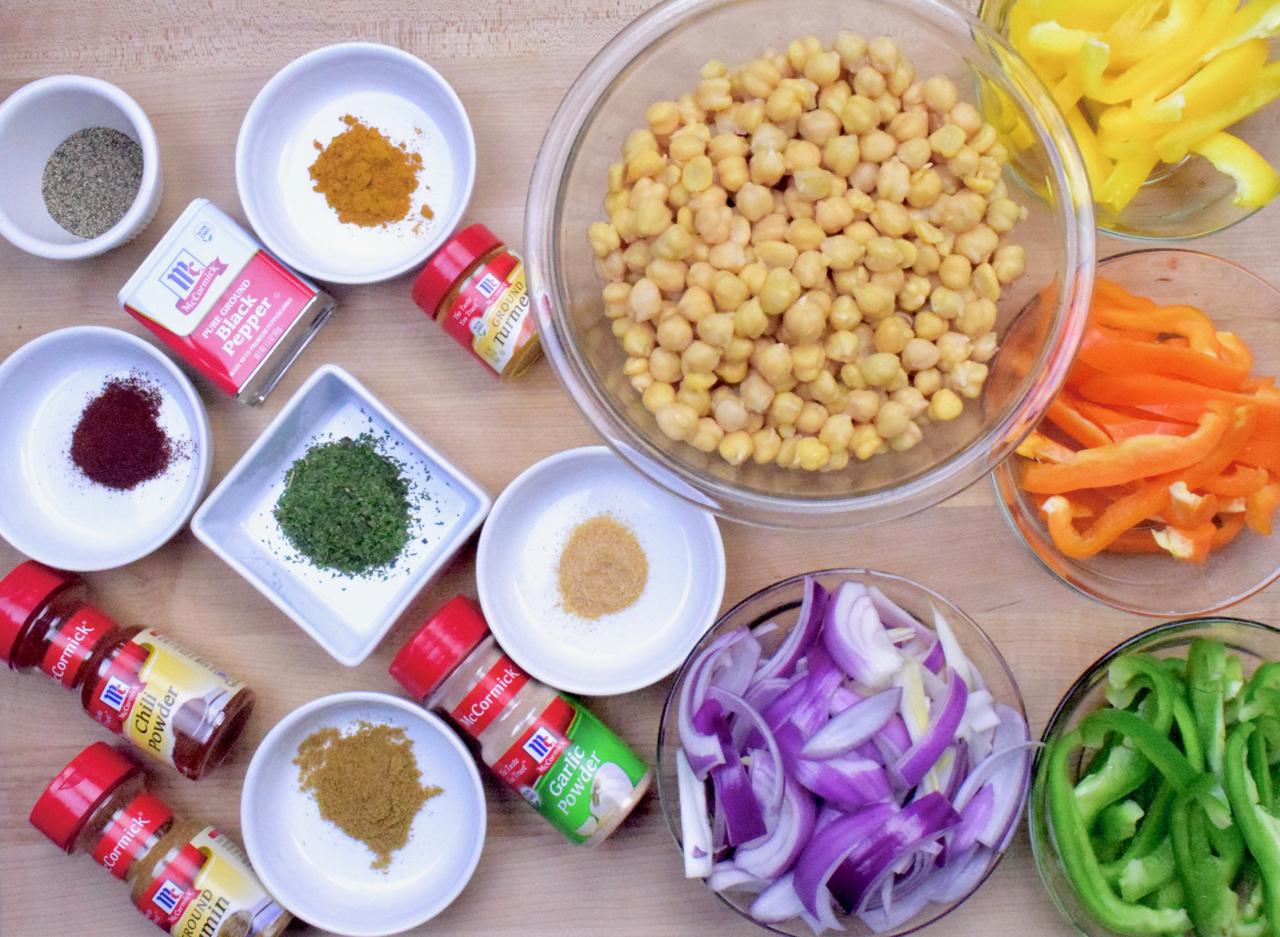 garbanzo sitr fry aerial image with all ingredients and spices