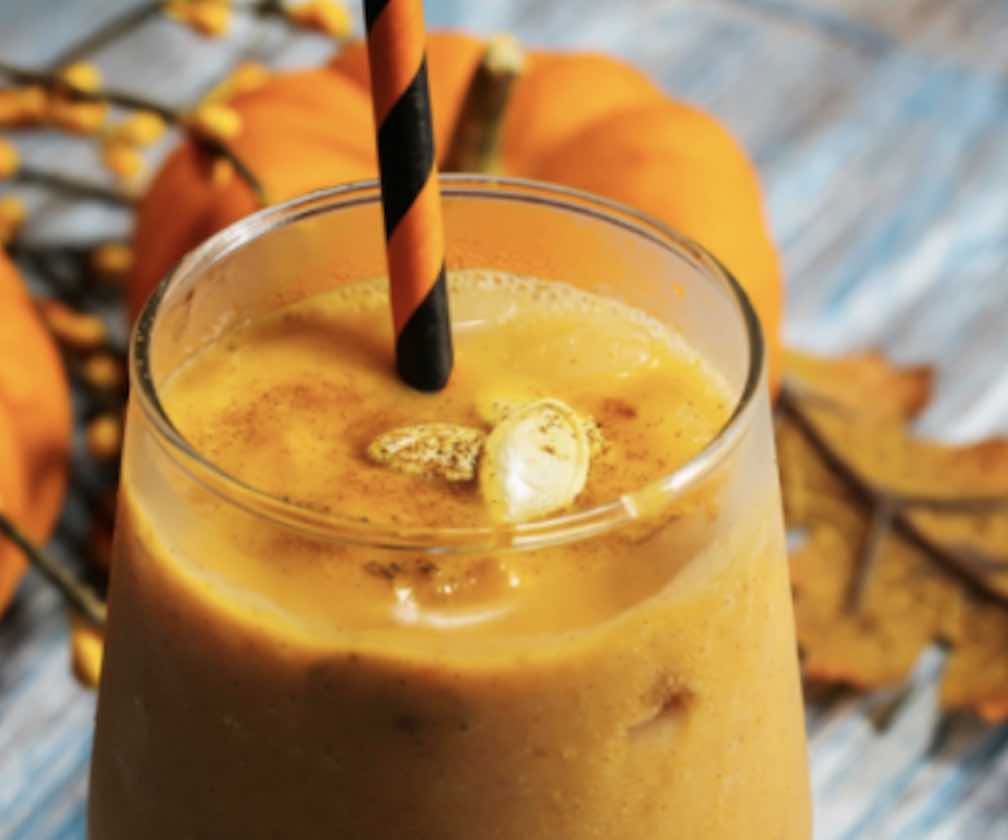 Up close pumpkin pie collagen smoothie