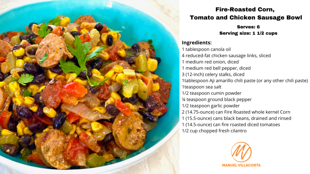 fire roasted corn, chicken tomato sausage bowl recipe card