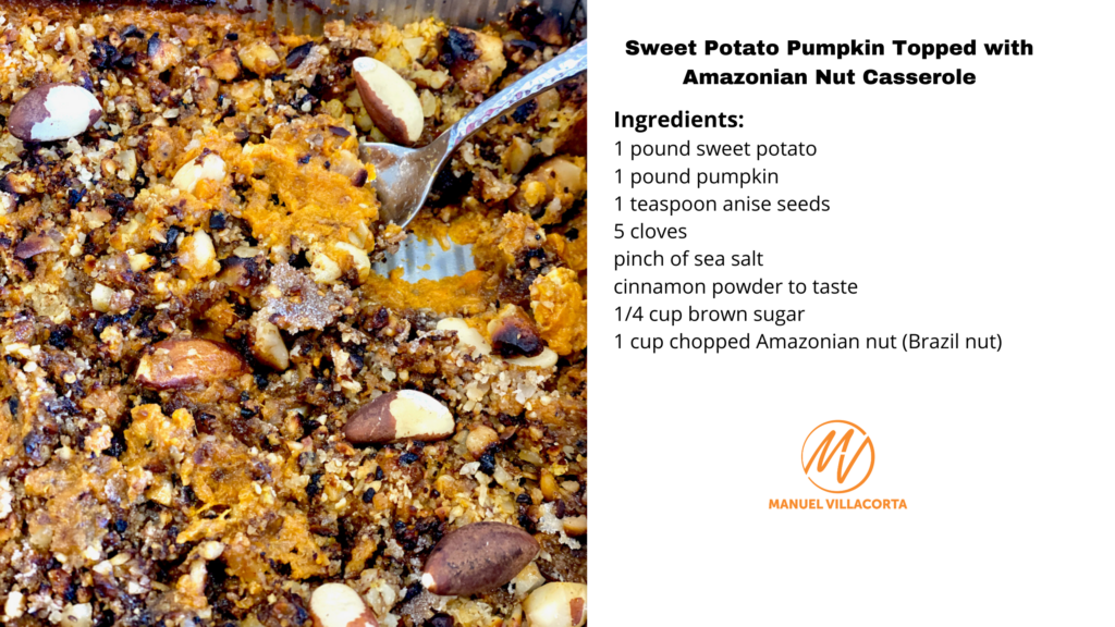 sweet potato pumpkin topped with brazil nuts recipe card