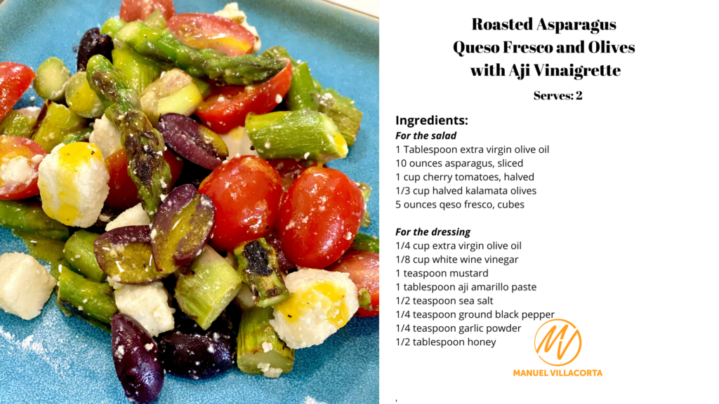 roasted asparagus queso fresco and olives with aji vinaigrette recipe card