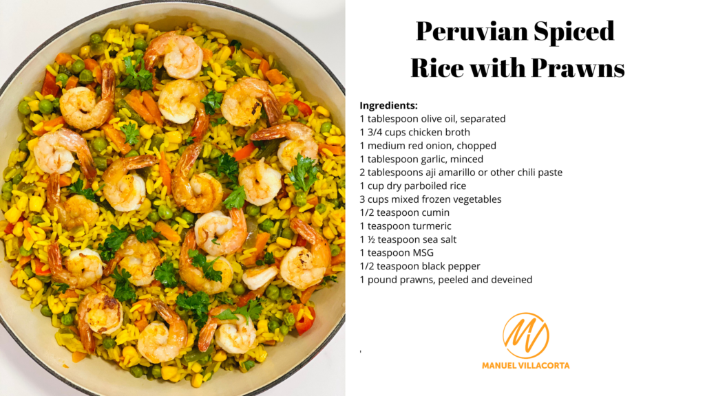 peruvian spiced rice with corn recipe card
