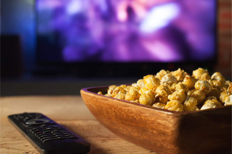 popcorn bowl infront of movie screen