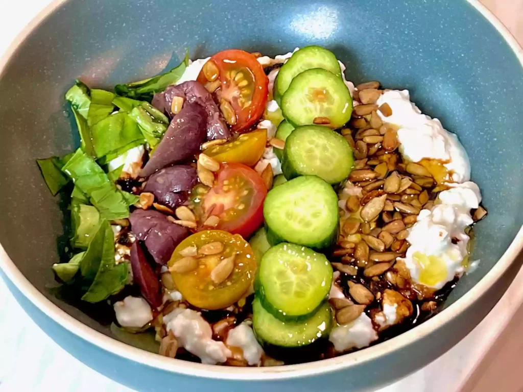 savory cottage cheese bowl with veggies balsamic and olive oil