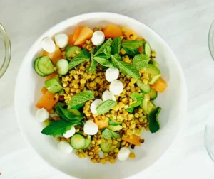 summer cantaloupe salad with mozzarella and mint