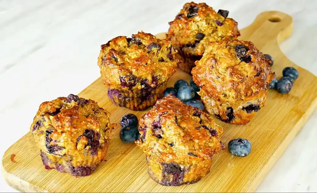 blueberry protein muffins high fiber on cutting board