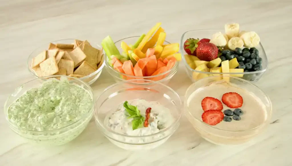 three healthy greek yogurt dips