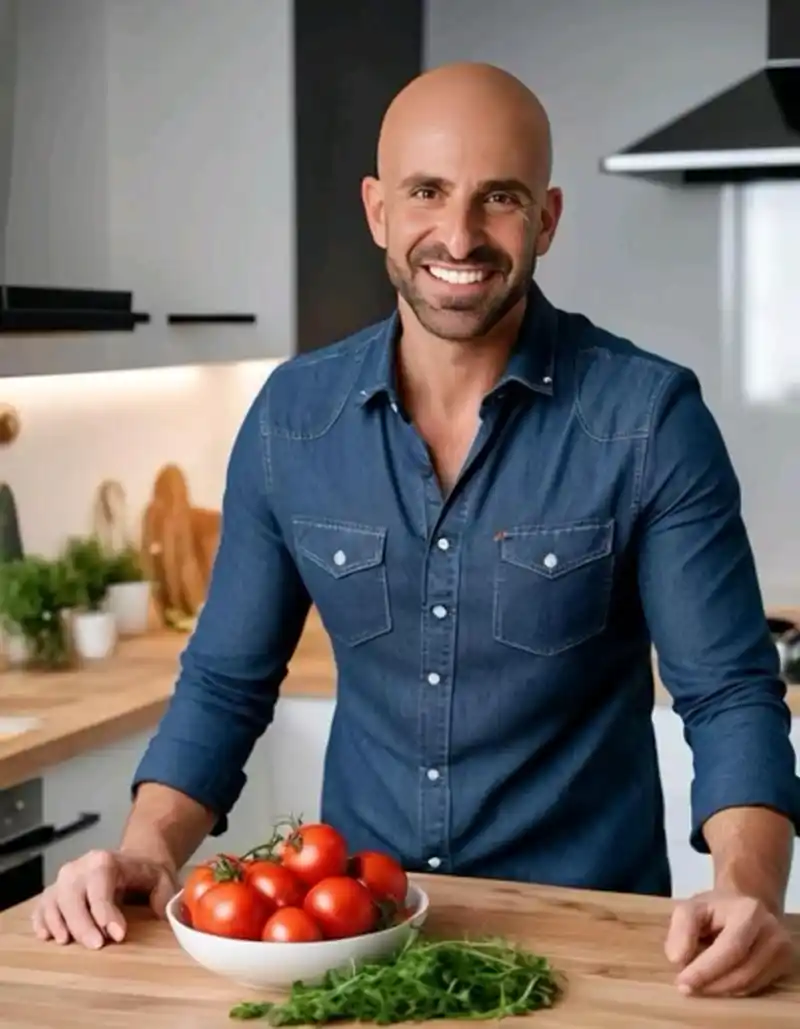 Manuel in kitchen with tomatoes