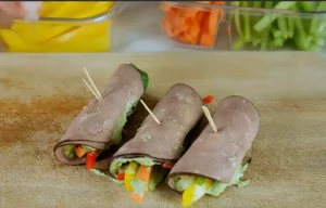 Beef and veggie roll ups with cottage cheese pesto