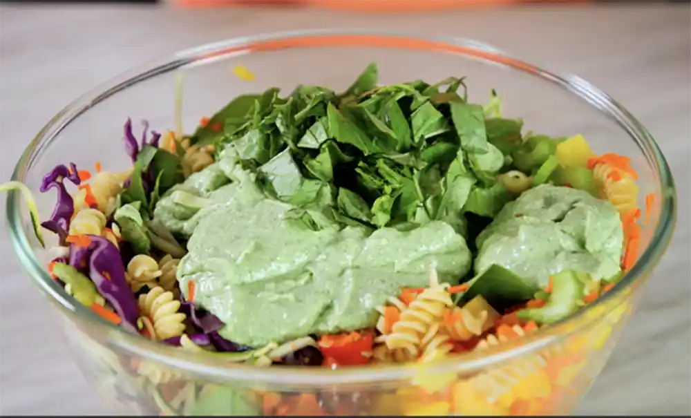 Cottage cheese pesto on pasta salad